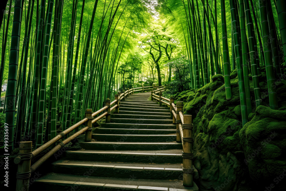 Fototapeta premium Stairwell with railings rising through a green bamboo forest in the morning light, peaceful zen grove