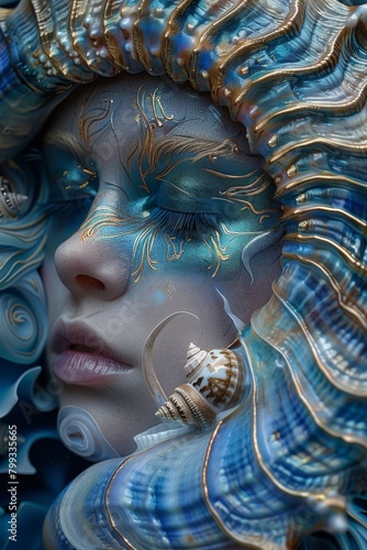 Enchanting Undersea Fantasy: Woman Embellished with Ornate Shells and Gold Accents