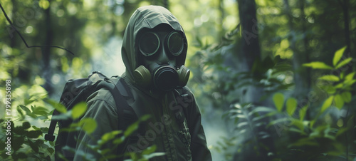A person wearing a protective gas mask stands in the forest surrounded by green trees and foliage photo