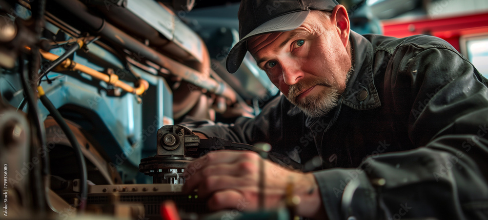 A mechanic is working on an old car engine with tools and parts around him in the garage A mechanic is working on an old car engine with tools and parts around him in the garage
