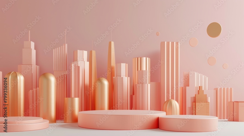 3d rendering of a pink and gold cityscape with podiums.