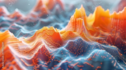 3D rendering of a mountain range with glowing particles.