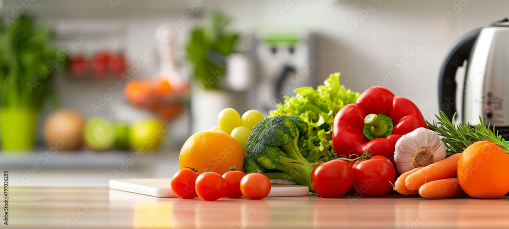 A vibrant array of fresh vegetables and fruits on the kitchen counter