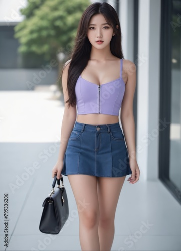 a korean woman in a purple top and denim skirt posing for a picture © Portrait sensual