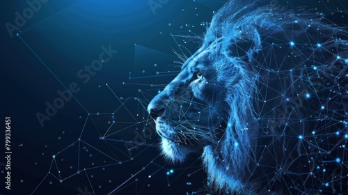 Abstract digital lion , lines and connected dots. King of beasts. Technology wild concept. Low Poly Wireframe 3D illustration photo