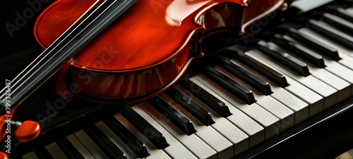 An upright violin and piano keys symbolize musical harmony