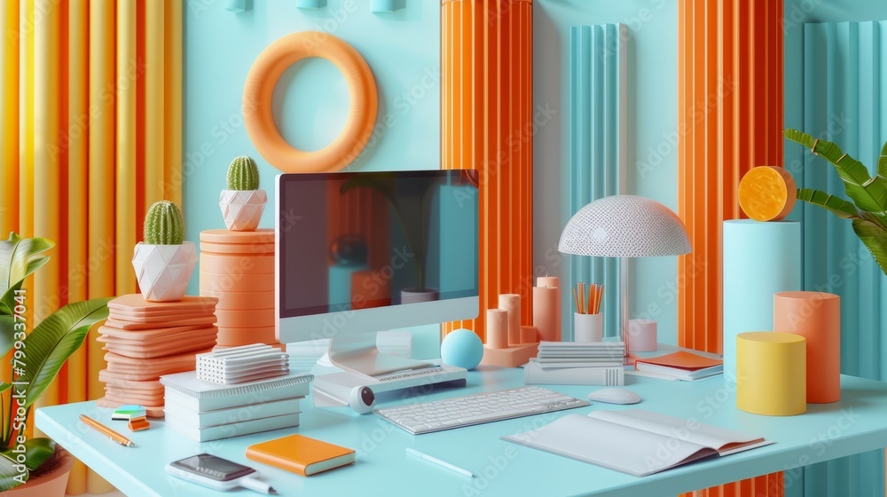 A 3D rendering of a colorful and modern home office. There is a large desk with a computer, lamp, books, and plants on it. A 3D rendering of a colorful and modern home office. There is a large desk with a computer, lamp, books, and plants on it.
