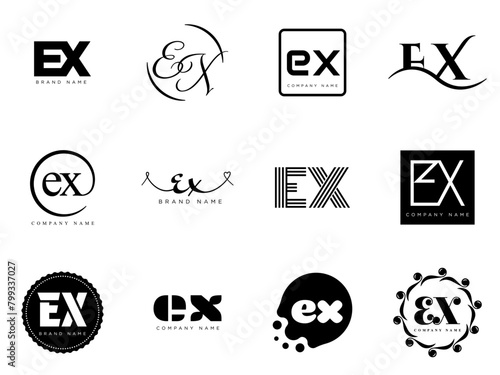 EX logo company template. Letter e and x logotype. Set different classic serif lettering and modern bold text with design elements. Initial font typography.