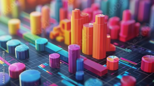 A 3D rendering of a colorful city made of geometric shapes.