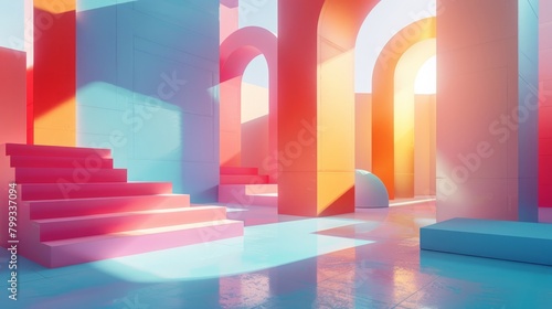 A 3D rendering of a colorful geometric structure with arches and stairs.