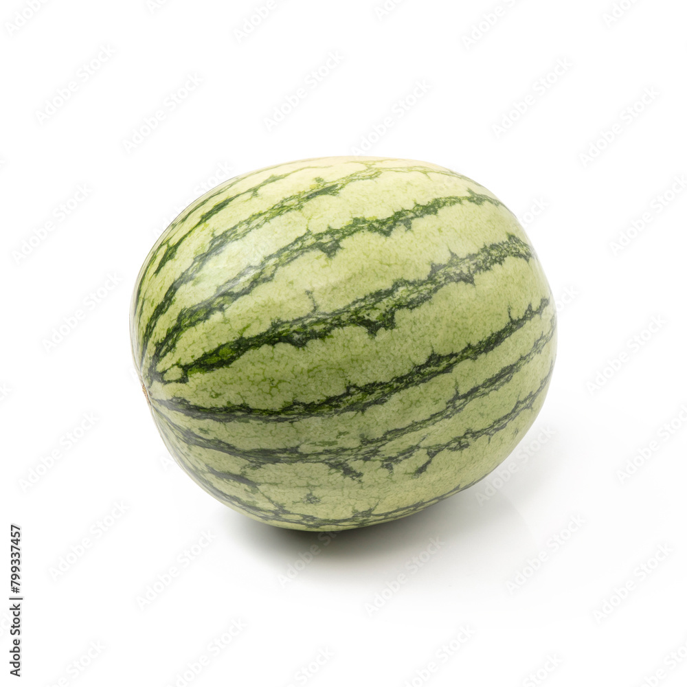 single whole watermelon fruit isolated on white background. clipping path included.
