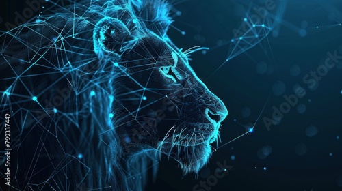 Abstract digital lion , lines and connected dots. King of beasts. Technology wild concept. Low Poly Wireframe 3D illustration