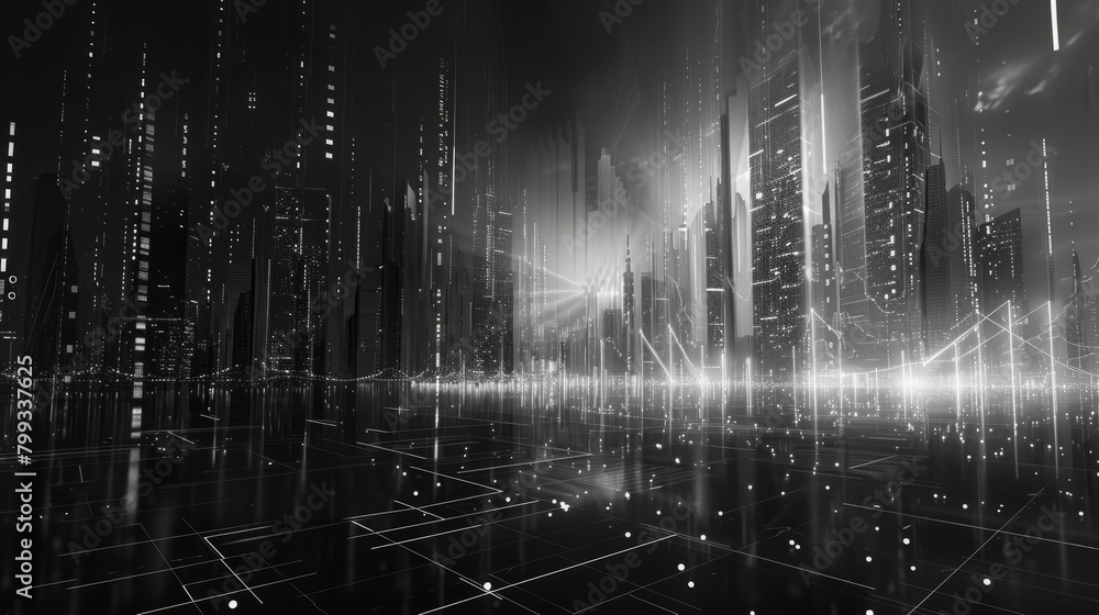 A black and white digital city with skyscrapers and lights.