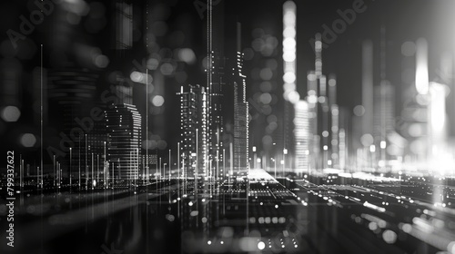 A black and white digital city illustration of a futuristic cityscape with skyscrapers and lights.