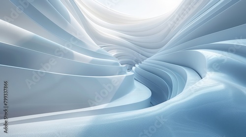 A blue and white abstract 3D rendering of a curved tunnel.