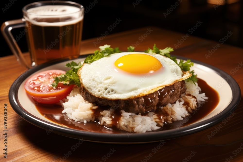 Delicious loco moco Hawaiian dish with rice, hamburger, egg, and gravy Delicious loco moco Hawaiian dish with rice, hamburger, egg, and gravy