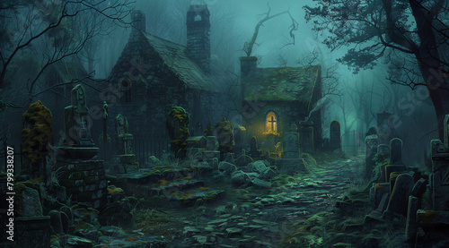 a dark fantasy gothic village, foggy night, creepy cemetary, overgrown walls and statues, small house with light on inside, old stone road, mossy stones, horror, fantasy art style painting photo
