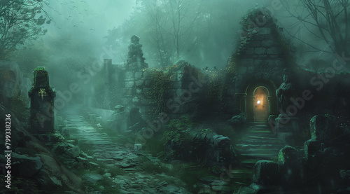 a dark fantasy gothic village, foggy night, creepy cemetary, overgrown walls and statues, small house with light on inside, old stone road, mossy stones, horror, fantasy art style painting photo