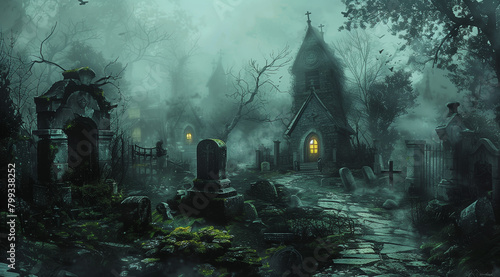 a dark fantasy gothic village  foggy night  creepy cemetary  overgrown walls and statues  small house with light on inside  old stone road  mossy stones  horror  fantasy art style painting