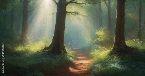 Beauty nature outdoors woodland morning with magic sun  fantasy paradise path for meditation