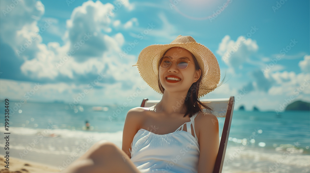 Woman in Straw Hat and Sunglasses at Beach
