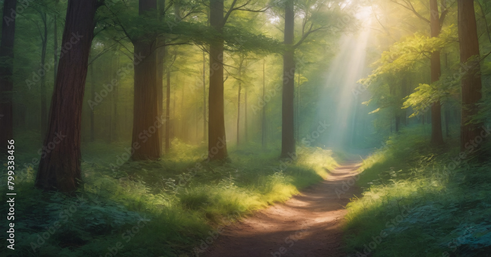 Beauty nature outdoors woodland morning with magic sun, fantasy paradise path for meditation Beauty nature outdoors woodland morning with magic sun, fantasy paradise path for meditation
