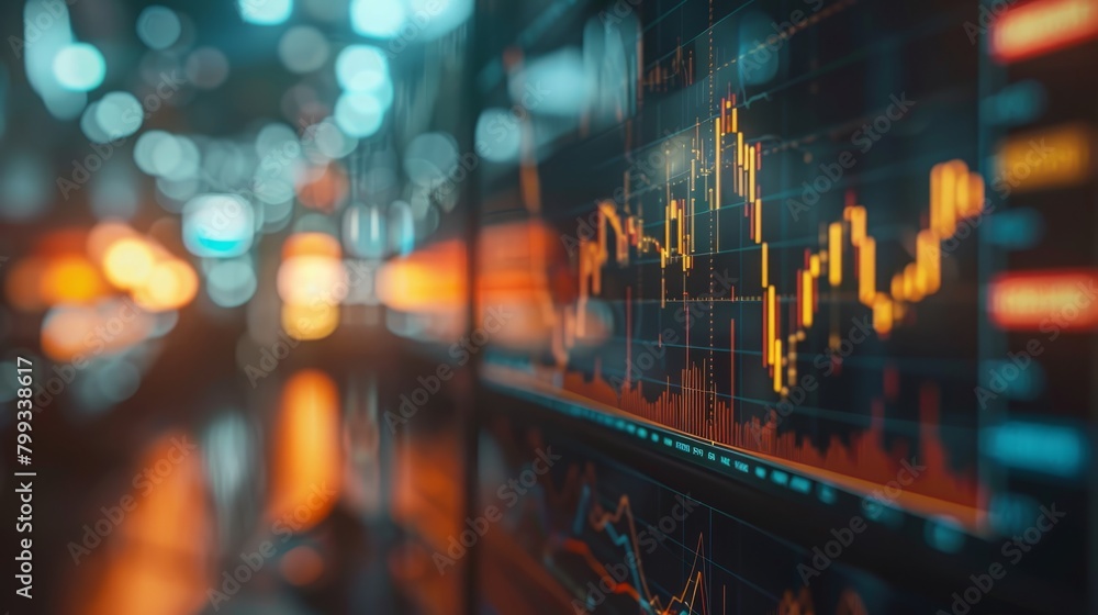 A computer screen with a stock market chart in the foreground and a blurred cityscape in the background. A computer screen with a stock market chart in the foreground and a blurred cityscape in the background.
