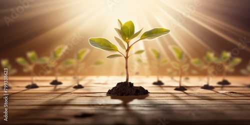 Close up of a seedling growing out of a wooden dance floor with dancers far off in the background and a beautiful sunrise shining scene