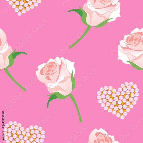 Vector seamless romantic pattern with apricot rose buds, jewelry hearts of pale pink pearls on a pink background for wallpaper, cards, wrapping paper, textiles, and wedding products.
