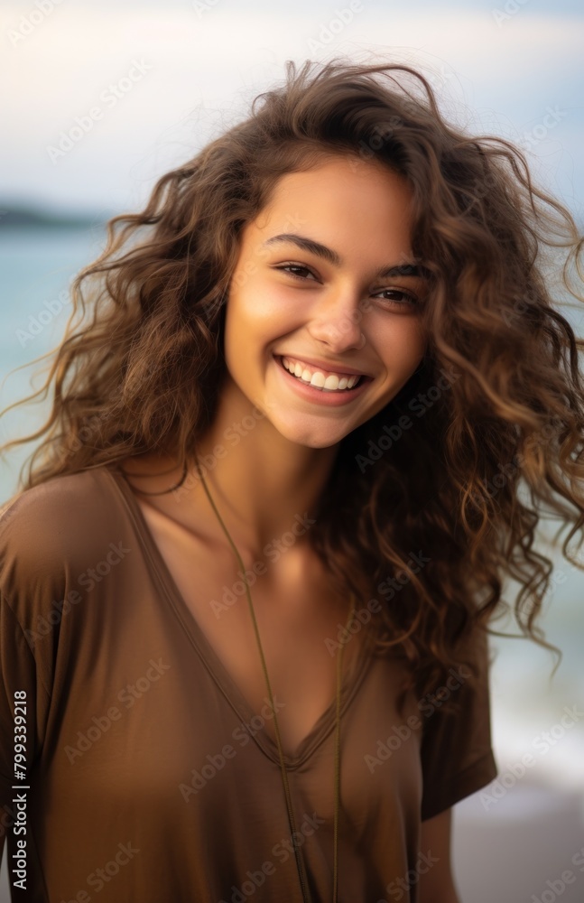 Happy young woman with curly hair enjoying a beach day Happy young woman with curly hair enjoying a beach day