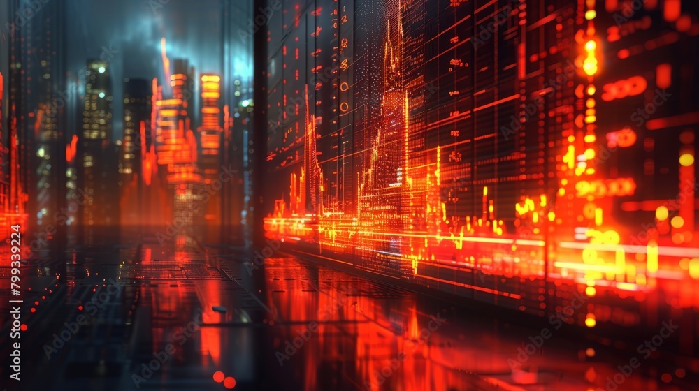 A digital cityscape with red glowing skyscrapers and a futuristic atmosphere. A digital cityscape with red glowing skyscrapers and a futuristic atmosphere.