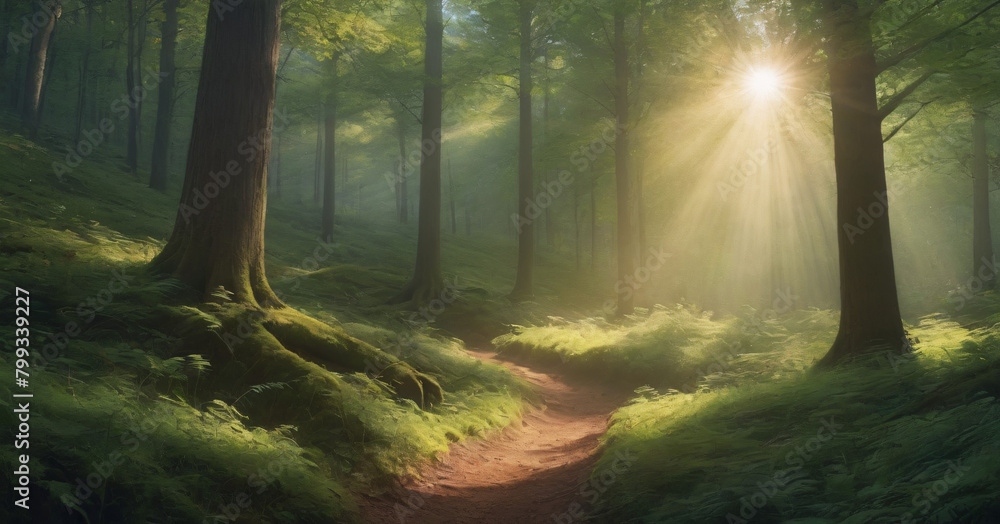 Beauty nature outdoors woodland morning with magic sun, fantasy paradise path for meditation