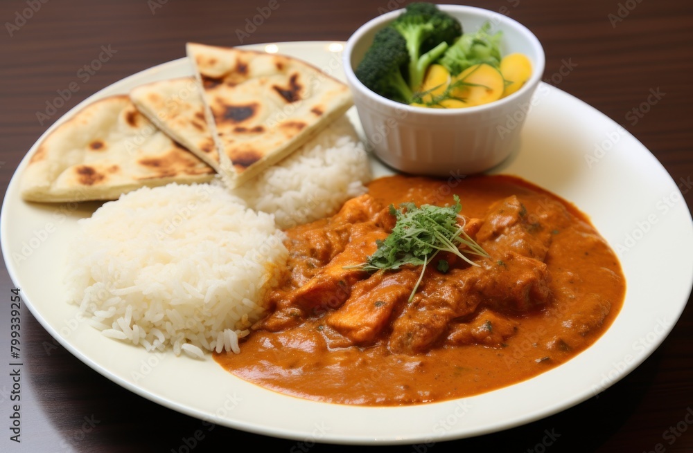 Delicious Indian curry meal served with rice, naan bread, and vegetables Delicious Indian curry meal served with rice, naan bread, and vegetables