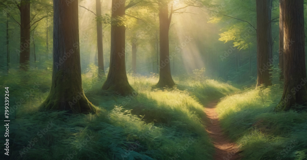 Naklejka premium Beauty nature outdoors woodland morning with magic sun, fantasy paradise path for meditation