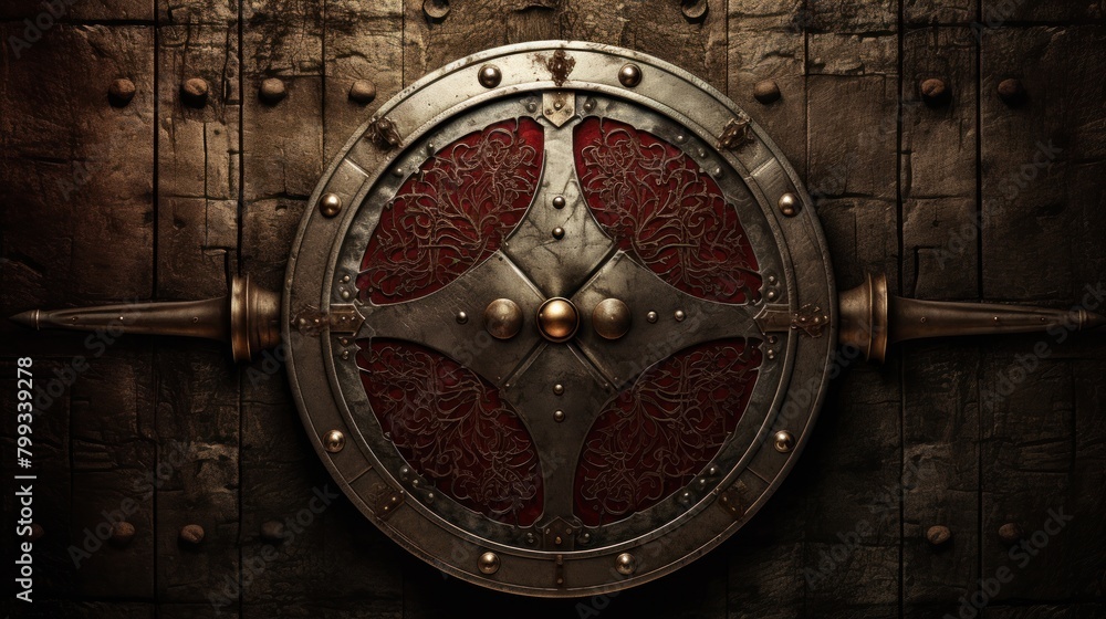 Ornate medieval shield on a rustic wooden background