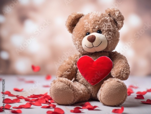 Teddy Bear Holding a Red Heart Amidst Paper Hearts