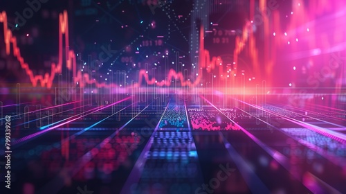 A digital landscape with a glowing grid and floating data.