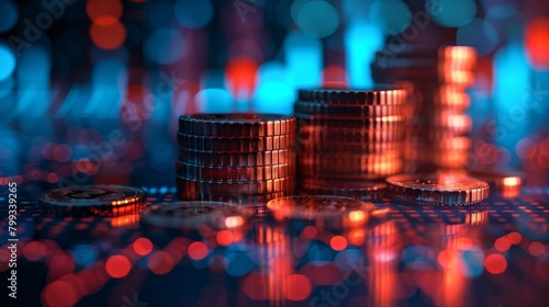 A digital composite image of a stack of copper coins with a glowing red and blue background. photo