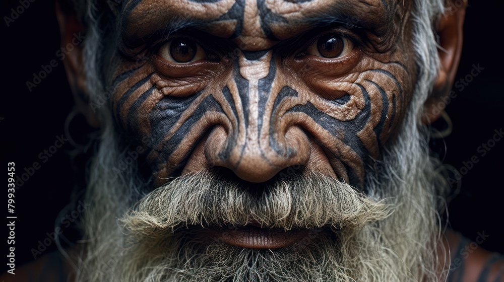 Elderly man with traditional facial tattoos looking intently at the camera