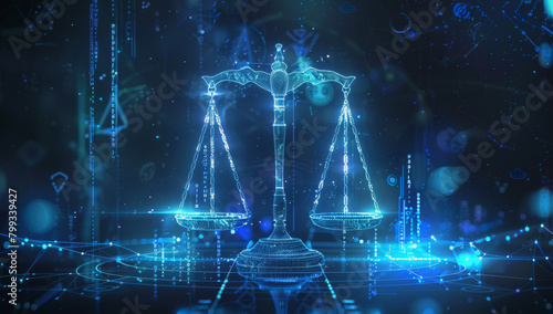 Law scales on background of data center. Digital law concept of duality of Judiciary, Jurisprudence Justice and data in the modern world. Copy space