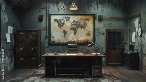 A dimly lit, retro detective office with a world map on the wall. photo