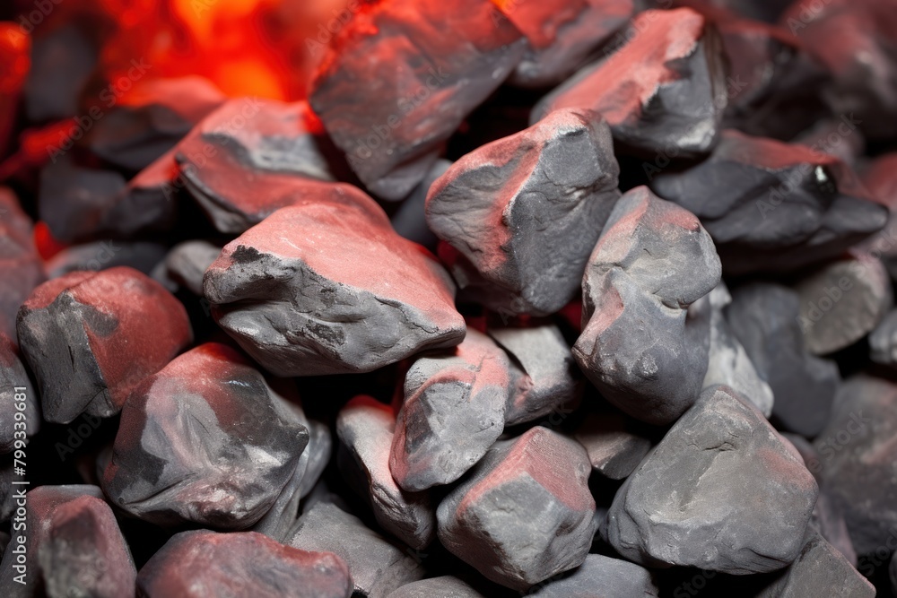 Close-up of charcoal briquettes with glowing embers Close-up of charcoal briquettes with glowing embers