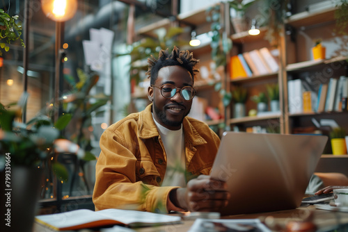 Smiling Man With Glasses Working on Laptop