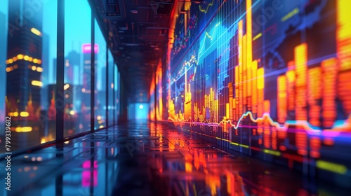 A futuristic stock market trading floor with glowing graphs and charts. © Sodapeaw