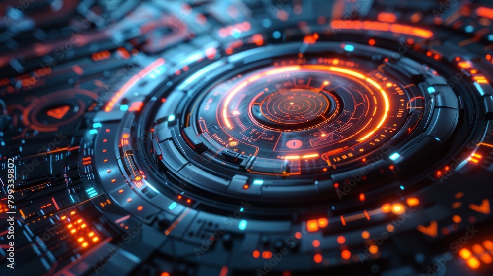 A glowing blue and orange circuit board with a central processor. A glowing blue and orange circuit board with a central processor.