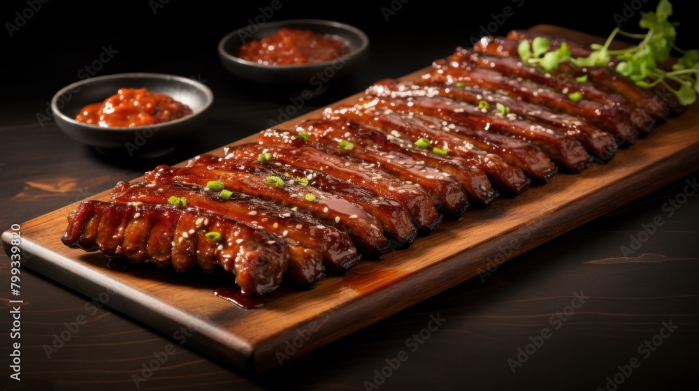 Delicious glazed barbecue ribs served on a wooden platter