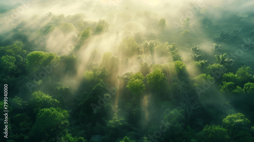 aerial view of a lush green forest, morning mist, sun rays piercing through