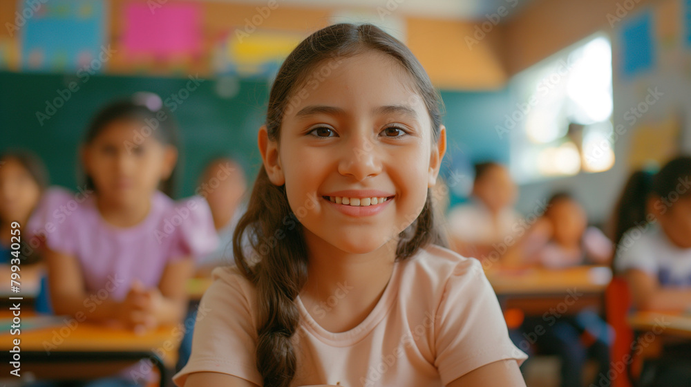 Happy Hispanic girl learning during class at elementary school and looking at camera. Happy Hispanic girl learning during class at elementary school and looking at camera.