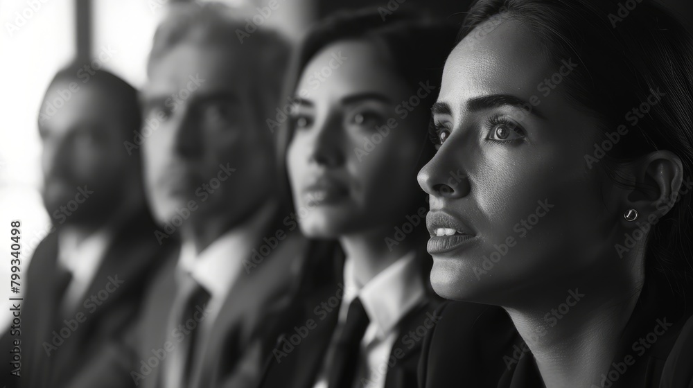 A group of people, including a woman in a suit, looking at something off-camera with serious expressions on their faces.