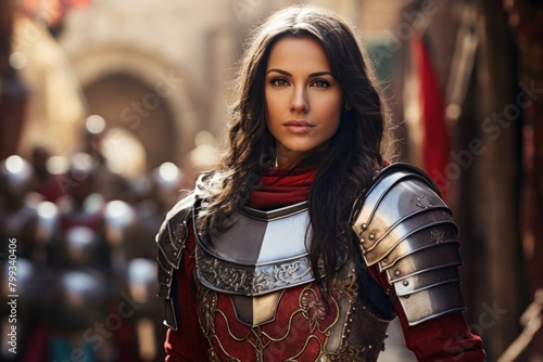 Confident female warrior in medieval armor standing in a historical setting